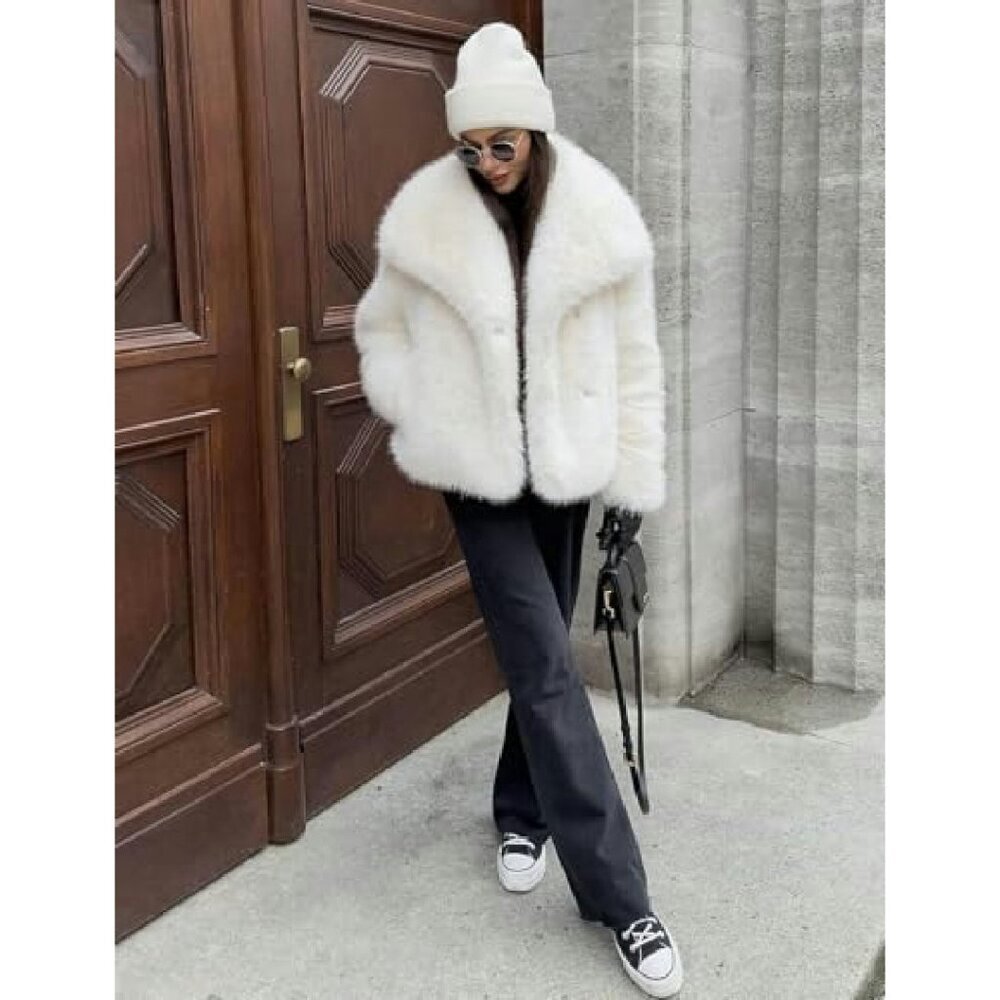 Cropped Faux Fur Jacket Lapel Collar Winter Warm Fluffy Shaggy Coat - Picture 5 of 7